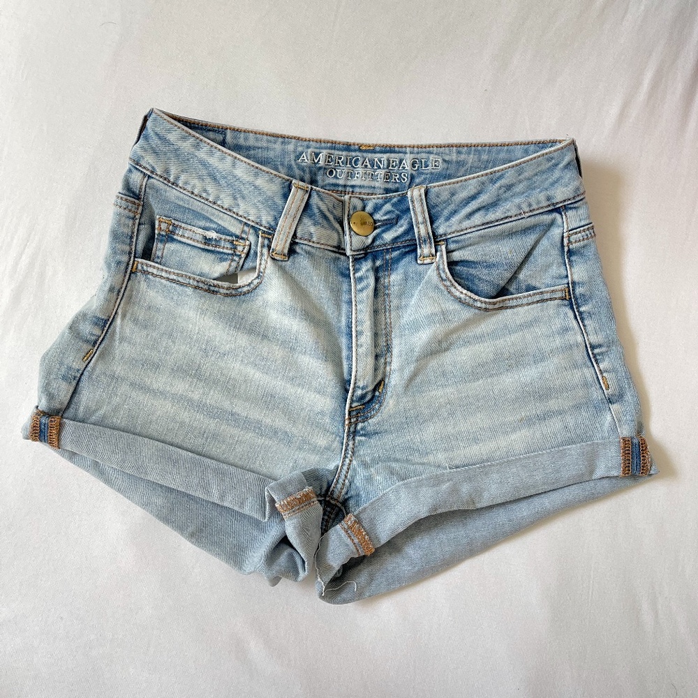 AE Light Wash High Rise Super Stretch Denim Shorts